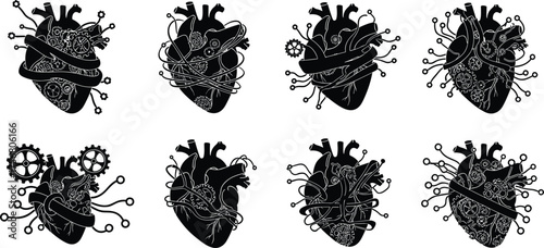Mechanical human heart illustration, cyberpunk steampunk design, anatomical vector art, futuristic biomechanical organ, gears wires circuits, technology fusion concept, sci‑fi