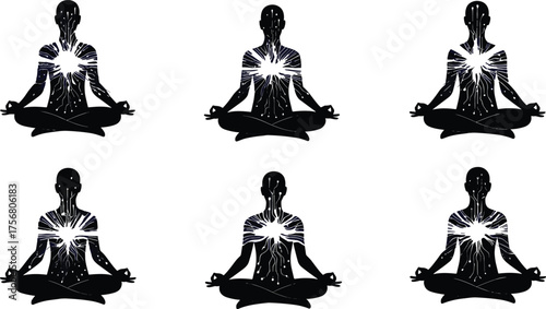 Meditation silhouette with energy flow, yoga lotus pose illustration, spiritual awakening vector, mindfulness practice design, inner light, healing power concept