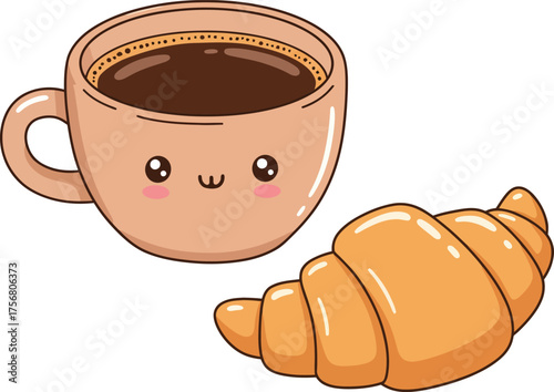 Kawaii coffee cup with a croissant for a delicious breakfast or cafe break isolated on transparent background Vector