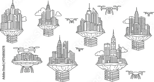 Futuristic floating smart city, drone surveillance, digital infrastructure, modern skyscraper architecture, advanced urban design, technology innovation, connected cityscape, future living concept
