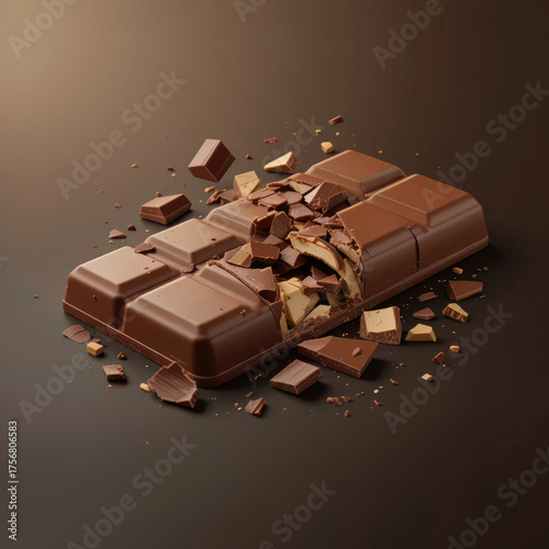 3D broken chocolate bar with crumbs, representing indulgence, luxury, and delicious flavor.