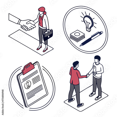 Set of 4 isometric business icons featuring handshake agreement deal and idea concept vector illustration