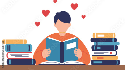 Person reading book surrounded by stacked books and hearts showing love for reading isolated on transparent background Vector