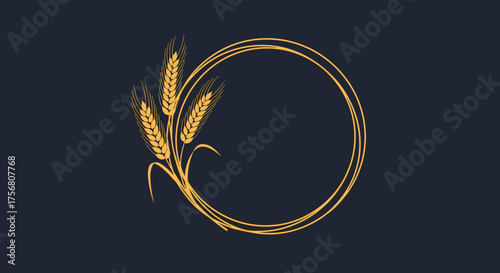 Golden wheat ears encircling a textured golden ring on a dark navy blue background.