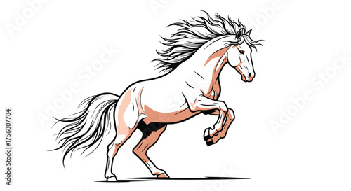 Majestic white stallion rears up with flowing mane and tail in artistic illustration.