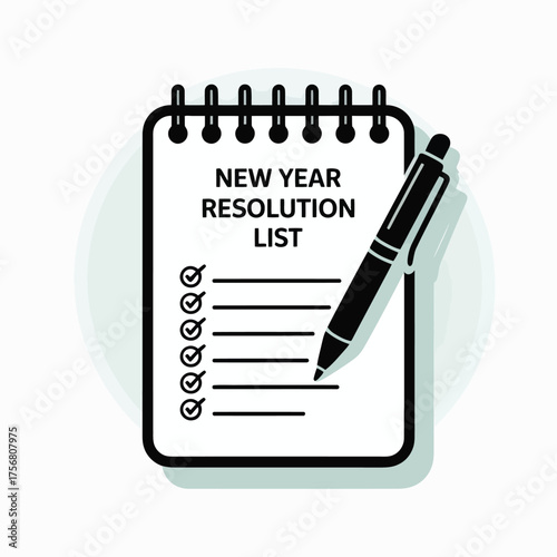 New year resolution list written on a notepad with a pen