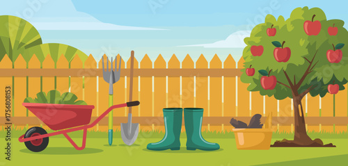 Vibrant garden scene with tools wheelbarrow and fruit tree