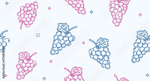 A repeating pattern of stylized grapes in blue and pink on a light blue background.