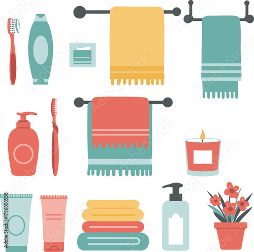 Bathroom essentials collection featuring towels toothbrushes soap dispensers and more cleanliness items isolated on transparent background Vector
