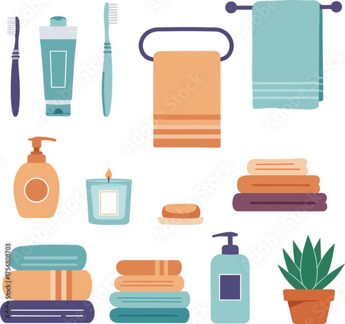 Modern bathroom essentials collection featuring toothbrushes soaps and towels for hygiene isolated on transparent background Vector