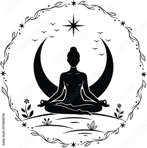 Silhouette of a person meditating in a lotus pose against a crescent moon and starry sky within a decorative floral border