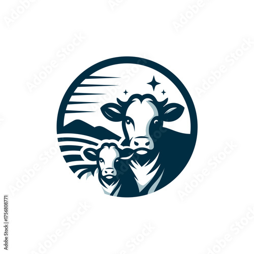 Elegant Cow and Calf Logo Design with Stars and Landscape Silhouette