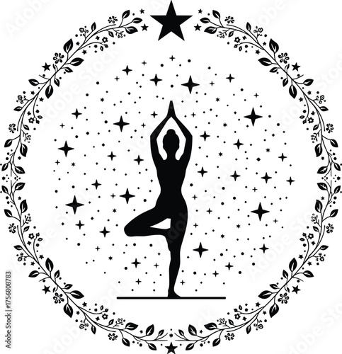 Silhouette of a woman in a tree pose yoga position surrounded by a celestial starry wreath and a star