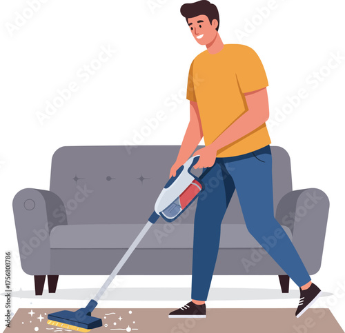 Man vacuums carpet near sofa household cleaning scene animated style isolated on transparent background Vector