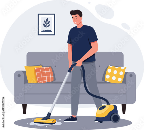 Man vacuums carpet in living room next to sofa with cushions and artwork on wall isolated on transparent background Vector