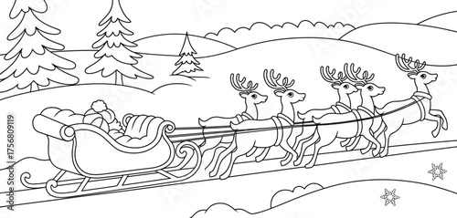 Christmas sleigh with reindeer and snow covered trees line art