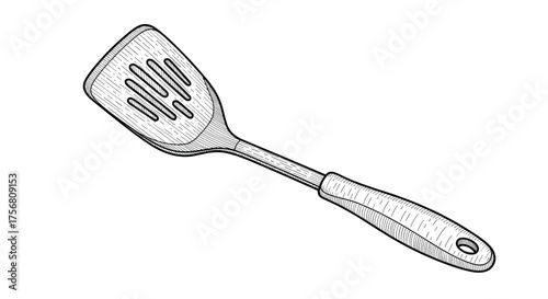 A slotted spatula with a textured handle and a hole at the end.