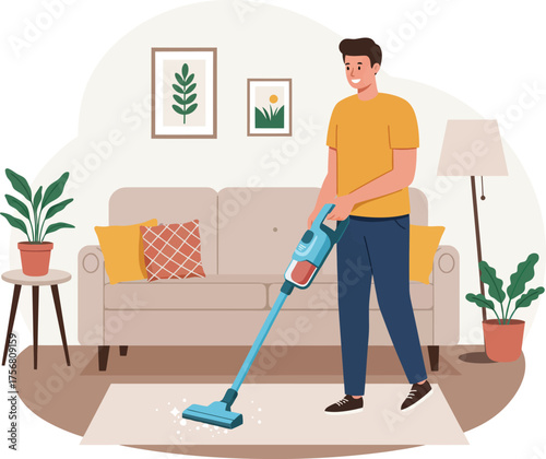 Man cleaning living room floor with modern cordless vacuum cleaner and sofa isolated on transparent background Vector