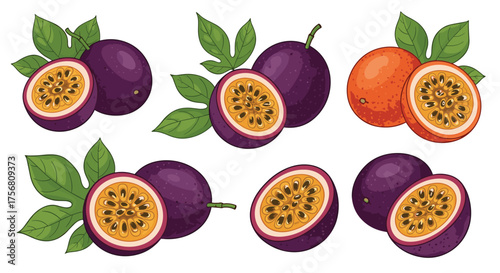 Fresh ripe passion fruit varieties with green leaves.