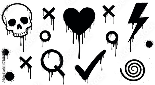 Dripping grunge icons set skull heart lightning bolt check mark spiral abstract symbols vector