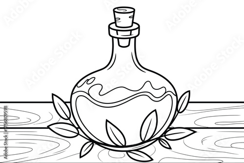 Hand drawn illustration of a potion bottle with leaves on a wooden surface