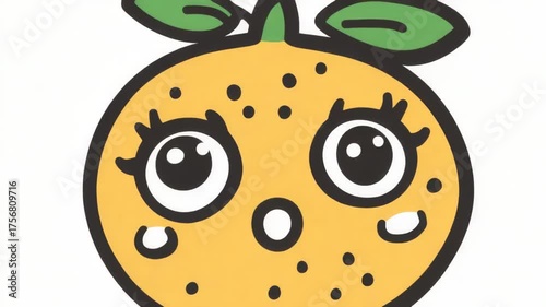 A cheerful cartoon orange with big eyes smiles brightly. This adorable fruit character brings joy and happiness.