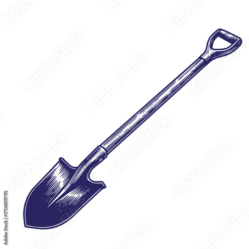 Detailed engraved illustration of a garden shovel isolated against a white background