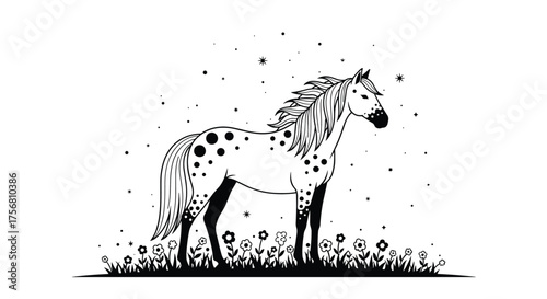 A beautiful spotted horse standing in a field of flowers surrounded by falling leaves.