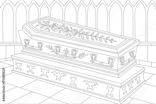 Ornate coffin resting on a pedestal inside a gothic cathedral