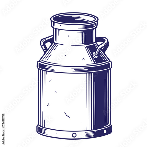 Detailed vintage illustration of a classic milk can with solid blue outlines isolated