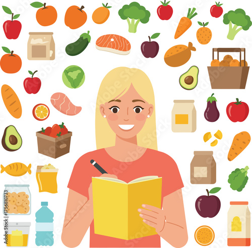 Healthy eating planner girl creating meal plan surrounded by fresh food ingredients and groceries isolated on transparent background Vector