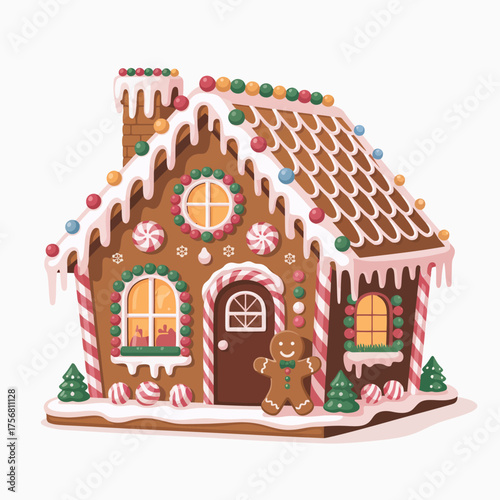 Festive gingerbread house decorated for christmas holidays with candy and icing