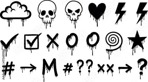 Graffiti style icons and symbols with dripping paint effect for urban art and design projects vector