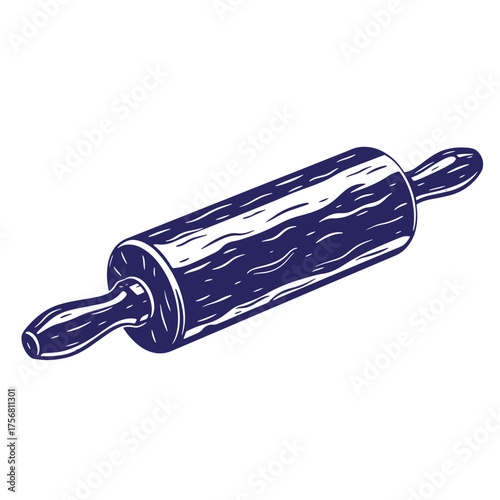 Hand drawn illustration of a vintage wooden rolling pin isolated on white background