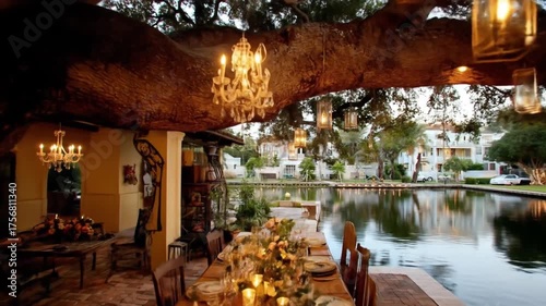 A lush outdoor dining setting under a massive tree, decorated with warm lighting, and facing a tranquil lake