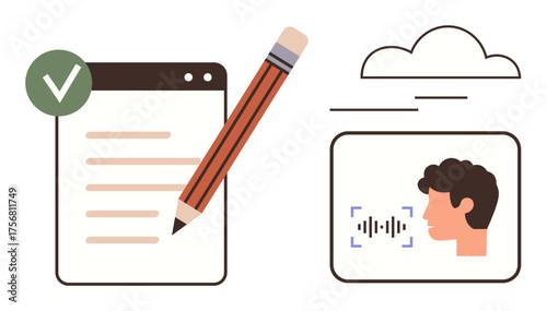 Pencil on paper next to digital voice icon and cloud, representing writing, speech recognition, and cloud data. Ideal for communication, technology, AI, remote work, education transcription simple