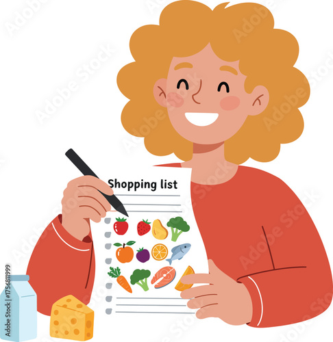 Happy person holding a shopping list with fruits and vegetables checklist for grocery planning isolated on transparent background Vector