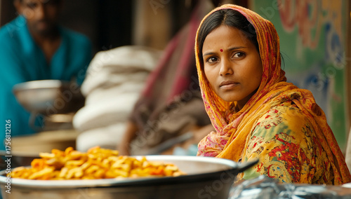 portrait of young South Asian woman at street food stall