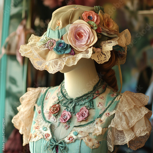 Elegant mannequin displaying vintage inspired, dress and bonnet adorned with intricate lace and handmade fabric flowers