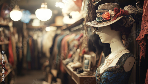antique clothing store, female mannequin wearing straw hat adorned with flowers and lace trimmed dress