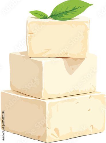 PrintStacked tofu blocks with green garnish isolated on white background for vegan food and healthy design
