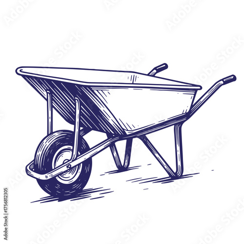 Hand drawn illustration of a classic vintage wheelbarrow in a detailed engraving style