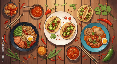 Top view vector illustration of various spicy foods and dishes with chili peppers and sauces on a wooden table.