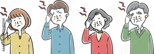 頭痛に悩む家族二世代　上半身　ベクター
