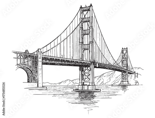 Hand-Drawn Sketch of the Golden Gate Bridge and San Francisco Skyline Outline Illustration