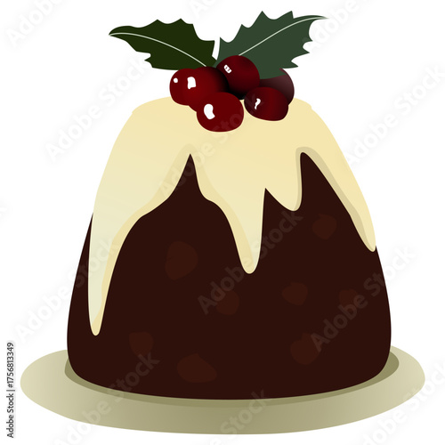 Holiday Dessert Christmas Pudding illustration with Berries and Green Leaves