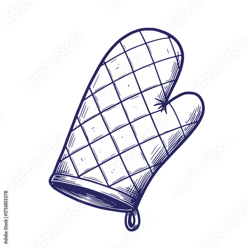 Hand drawn illustration of an oven mitt with a vintage crosshatch design on white