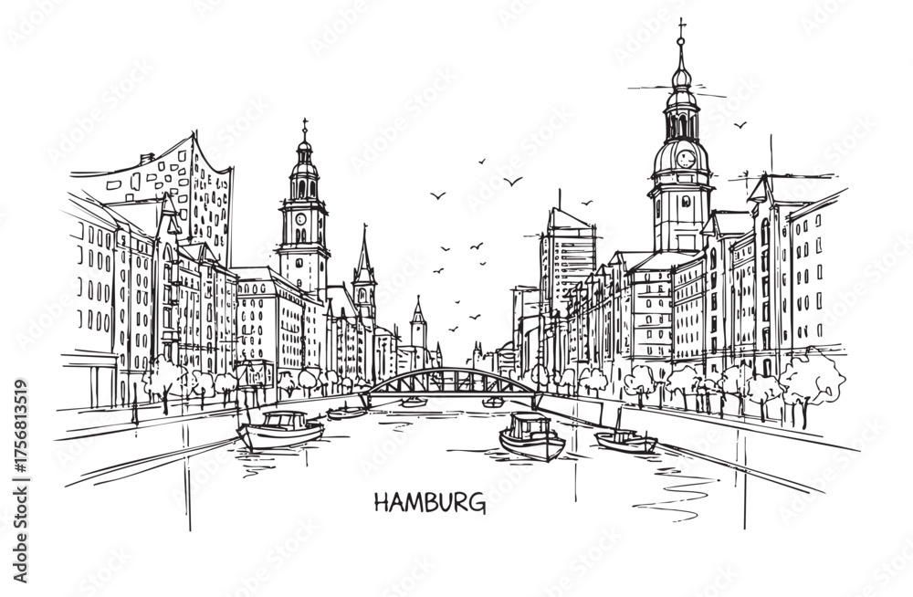 Fototapeta premium Hand-Drawn Sketch of Hamburg Cityscape with Alster River, Boats, and Historic Buildings Outline Vector