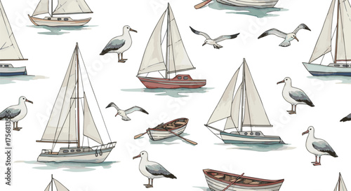 Create a kinds of deferent Nautical seamless pattern with boats and sea birds. Watercolor hand-drawn sea landscape, minimalist illustration for textile, wallpaper vector art with white background