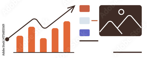 Bar chart with upward arrow indicating growth, infographic panels with categorized elements, and visual graphics. Ideal for analytics, performance, presentation, business, management, strategy